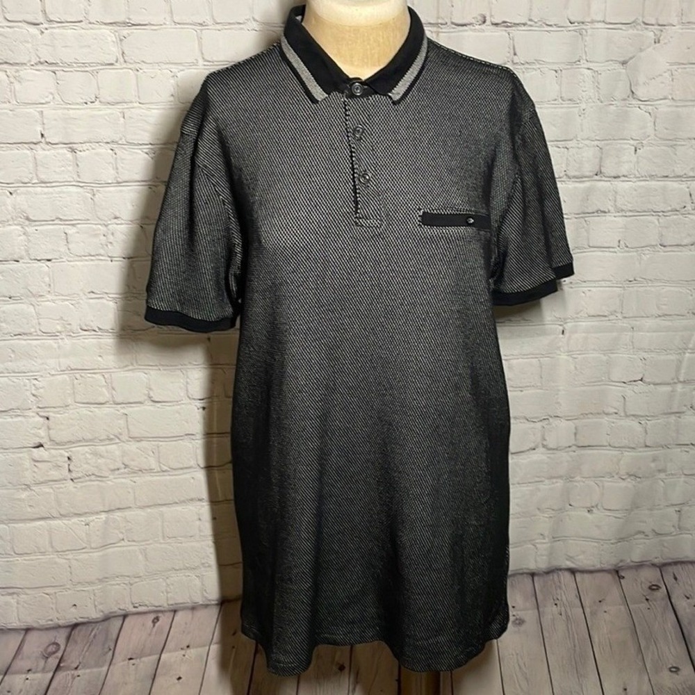 Primark Mens Medium Black Textured Stripe Polo Shirt Short Sleeve Preppy Classic